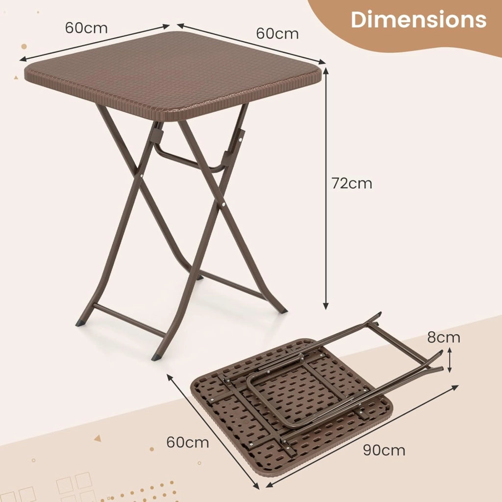 Tavolo da picnic pieghevole per 2 persone con piano in HDPE, tavolo da patio quadrato con texture in rattan con telaio in metallo, senza assemblaggio, per interni ed esterni