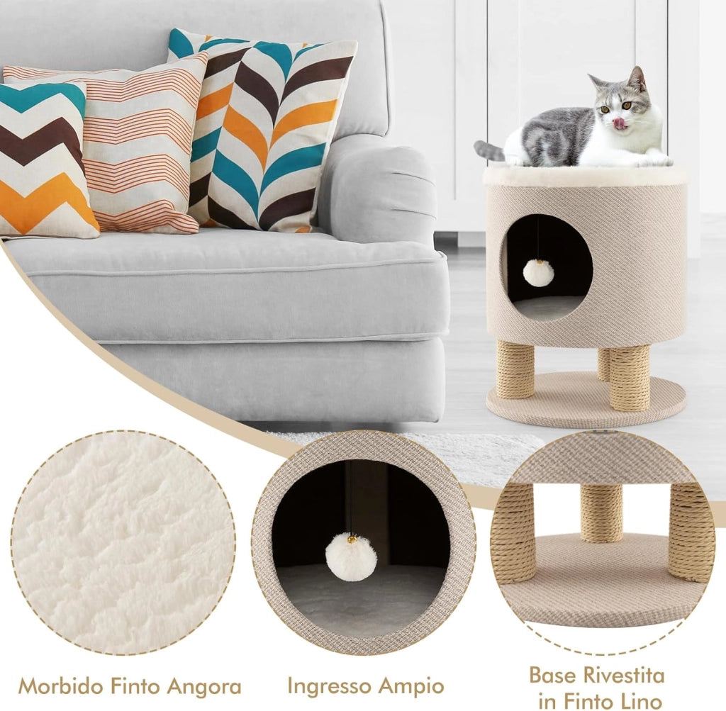 Casetta per Animali Domestici, Cuccia per Gatti con Pali Tiragraffi e Pallina di Peluche, Mobile Multiuso 3-IN-1 per Gatti Piccoli e Medi (Beige)