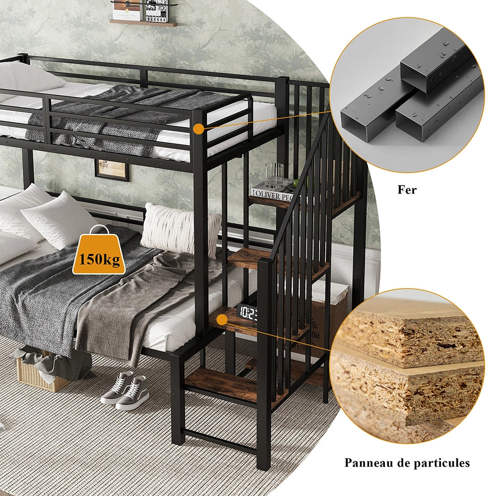 Letto a Castello Ferro – Xylo – 90x200 e 120x200cm, Scala Angolare con Ripostiglio, Nero/Legno Vintage