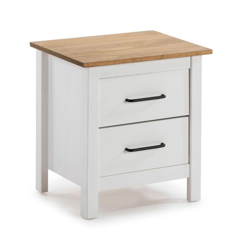 Comodino Miranda 2 cassetti in legno massiccio bianco e top pino