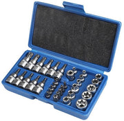 Set di 34 dadi maschi e femmici, inclusi bit e adattatori, adatto per kit di attrezzi per riparazioni meccaniche e automobilistiche.