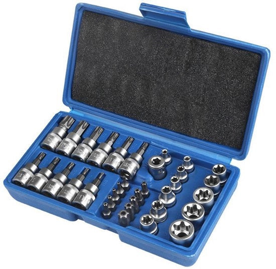 Set di 34 dadi maschi e femmici, inclusi bit e adattatori, adatto per kit di attrezzi per riparazioni meccaniche e automobilistiche.