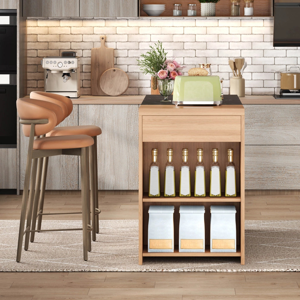 Isola Cucina con Bartisch e Piano in Marmo ¨C MINIMAL ¨C Rovere e Nero, 5 Ripiani, Cassetto, 140x60x90