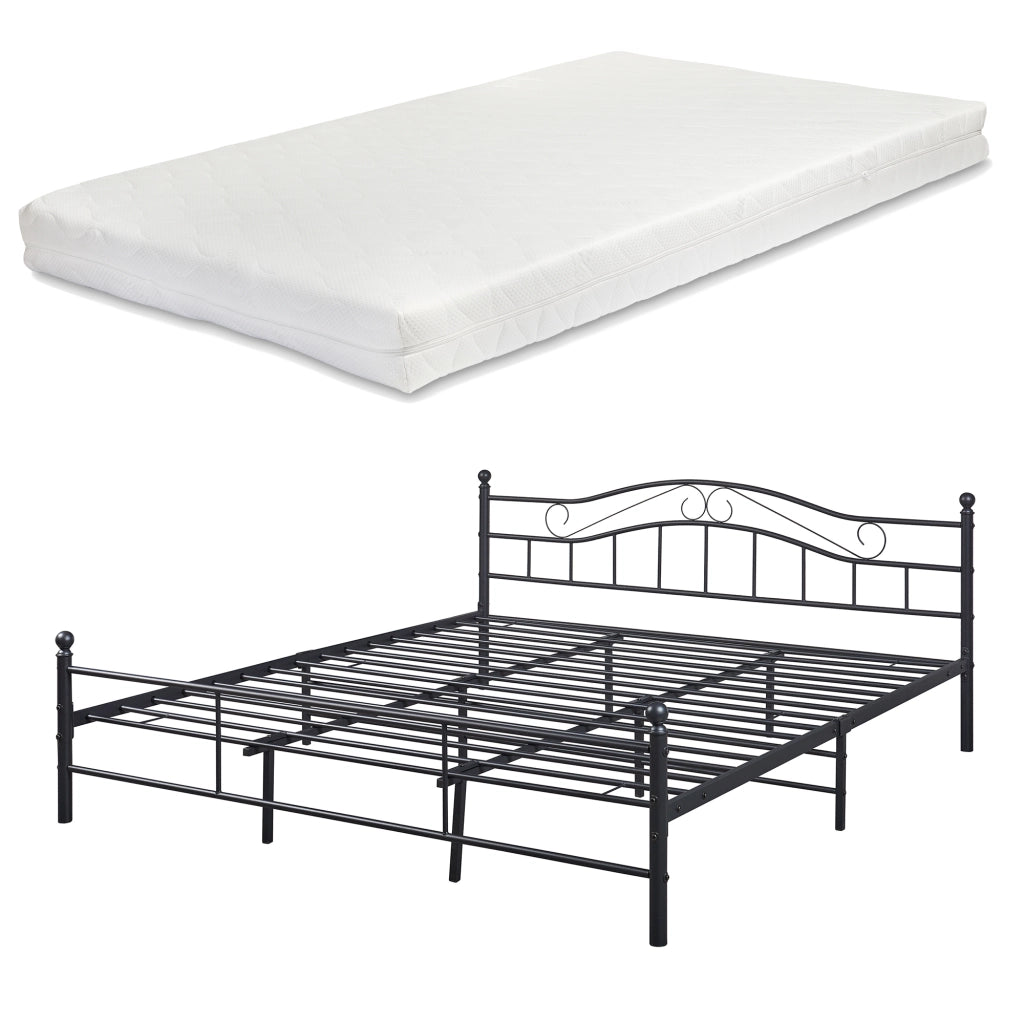 Letto Doppio Florenz in Acciaio con Testiera Decorativa e Materasso 180 x 200 cm Nero [en.casa]