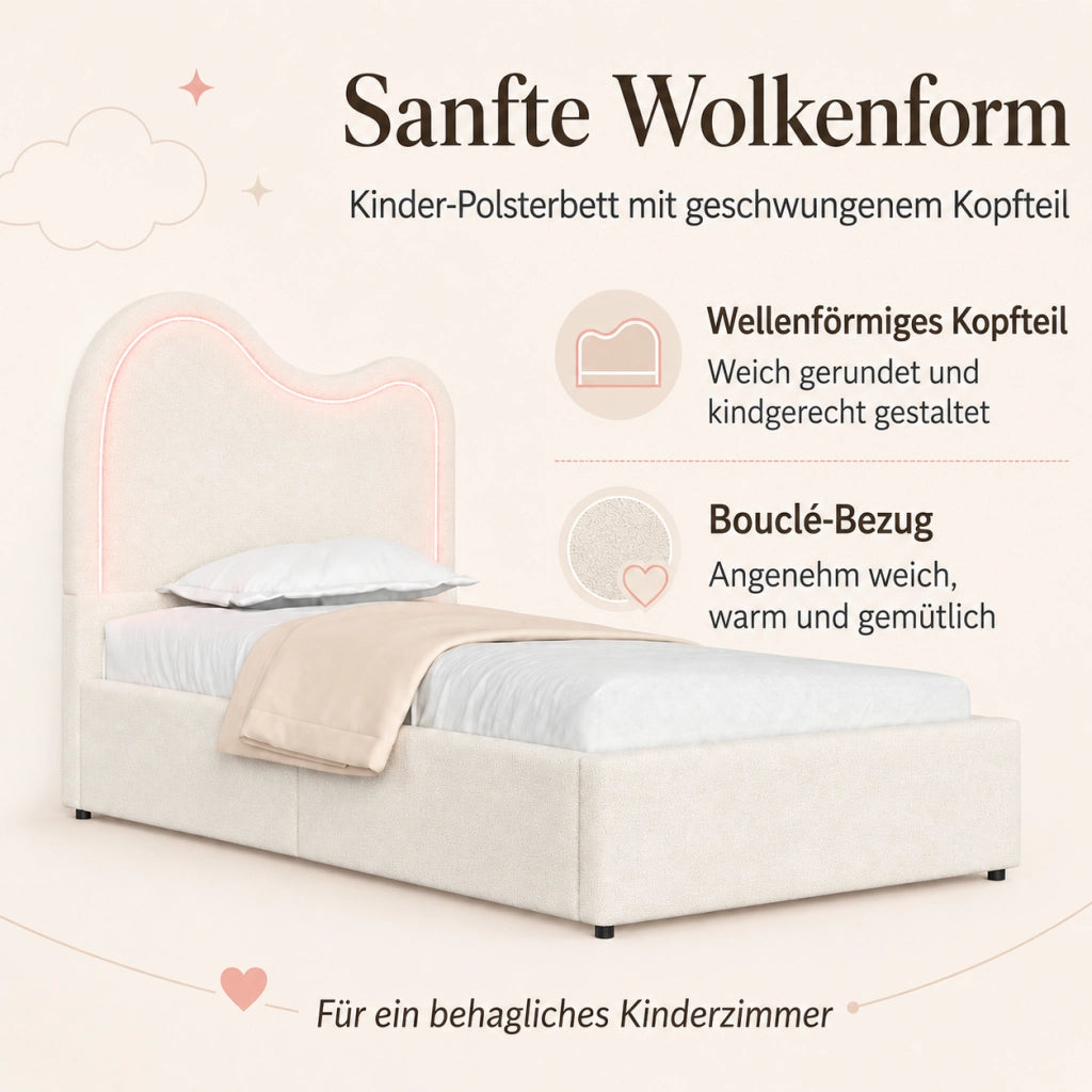 Letto imbottito per bambini con contenitore idraulico, 90x200 cm, bouclé bianco