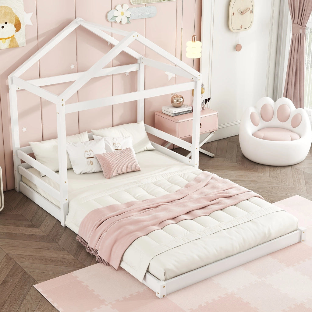 LETTO a casetta 140x200 cm in legno di pino e MDF bianco