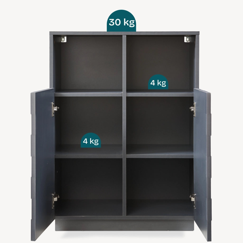Armadio Comò Alto Bopibobro a 2 Ante Credenza con 2 Ripiani Aperti e 4 Vani Chiusi 86 x 64 x 36 cm - Grigio Scuro [en.casa]