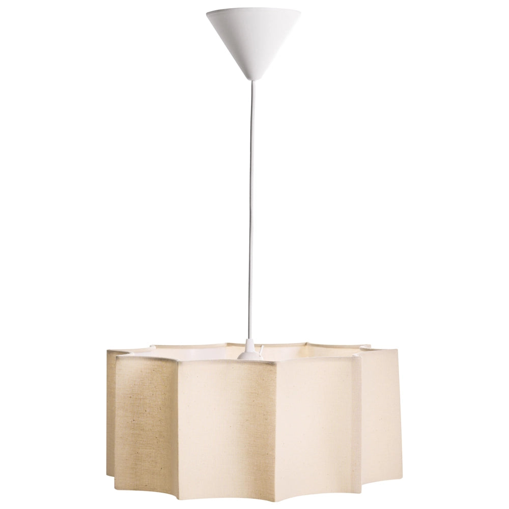 Lampada a sospensione con base in ferro bianco e beige chiaro e paralume in tessuto, stile moderno