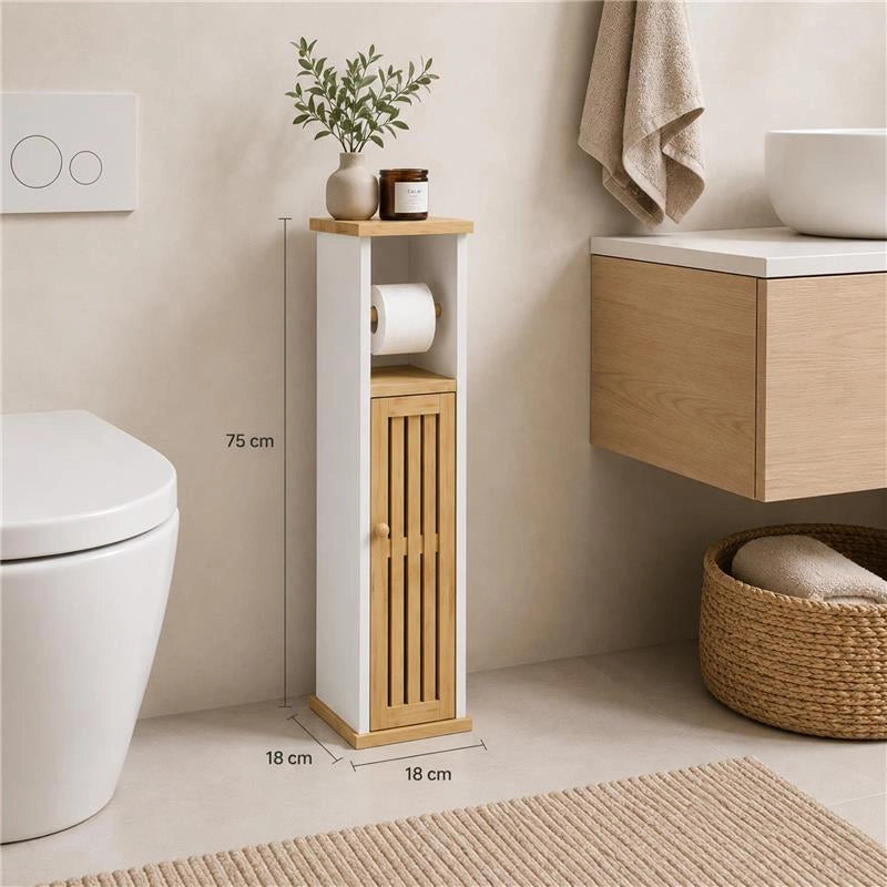 MOBILE PORTA ROTOLO IN LEGNO BIANCO CON ANTA IN BAMBOO DIMENSIONI 18X18X75 CM
