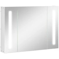 kleankin Armadietto Specchiera da Bagno con 3 Armadietti, 3 Ripiani e Luce LED, 90x15x65 cm, Bianco