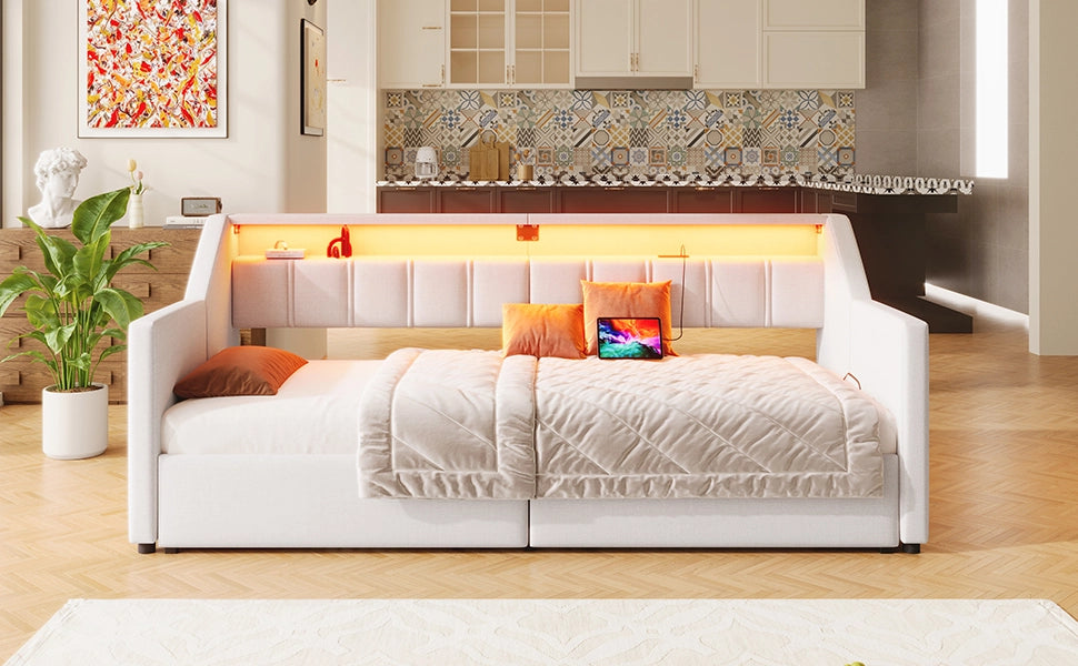 DESMIU Divano letto 90 × 200 cm 1 posto con USB, Type-C, LED, 2 cassetti e tasche, senza materasso, beige
