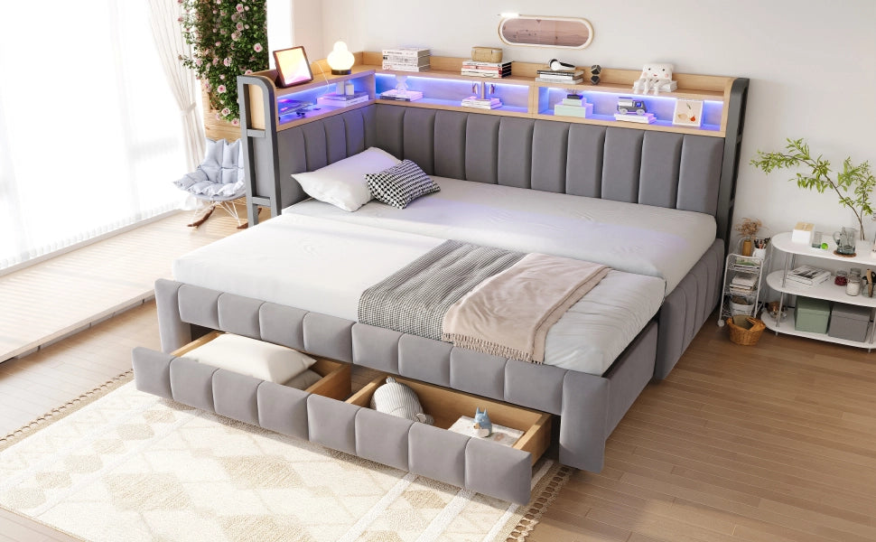 Letto divano 90 × 200 cm estensibile a 180 × 200 cm con cassetti, ripiani, LED, USB e Type-C, senza materasso