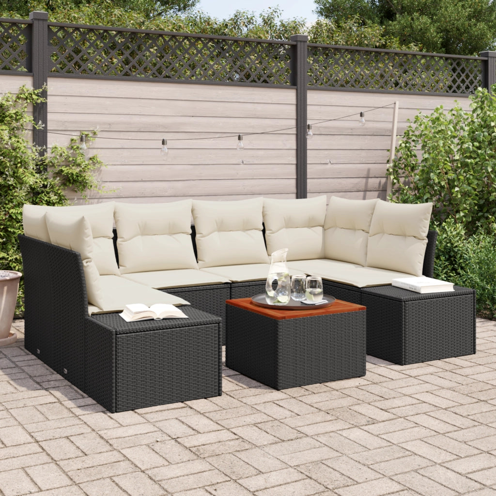 Set di Divano da Giardino da 7 Pezzi con Cuscini Neri in Polirattan e Acacia