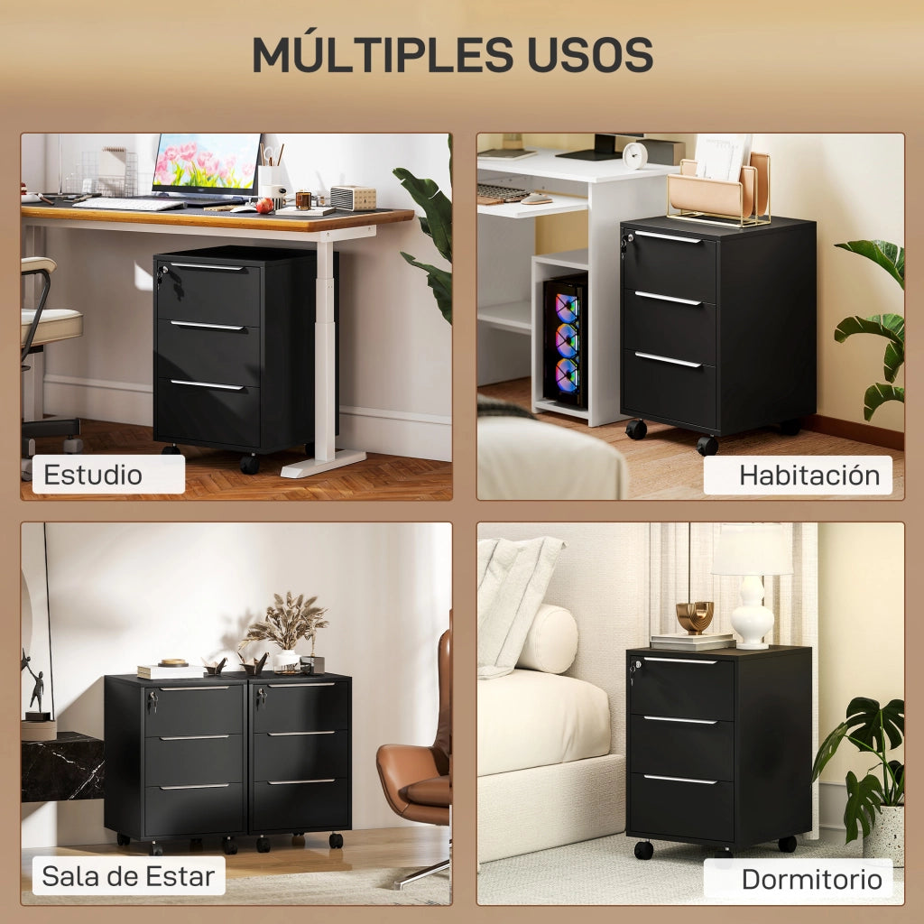 Cassettiera da Ufficio con 3 Cassetti Ruote e Serratura ¨C Xylo ¨C Nero 40x40x63,5 cm