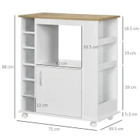 Carrello da Cucina con Armadietto e Ripiani Regolabili, Ruote Girevoli e Freno, 75x39.5x88 cm, Bianco