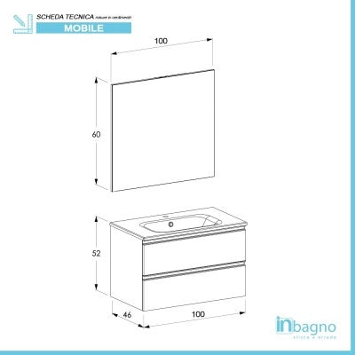 Mobile bagno sospeso 100 cm bianco opaco con lavabo e specchio tondo Master