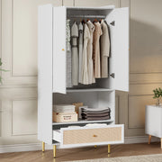 Armadio a 2 ante con cassetto in effetto rattan, barra appendiabiti e ripiano aperto, colore bianco/naturale, 80x48x175 cm