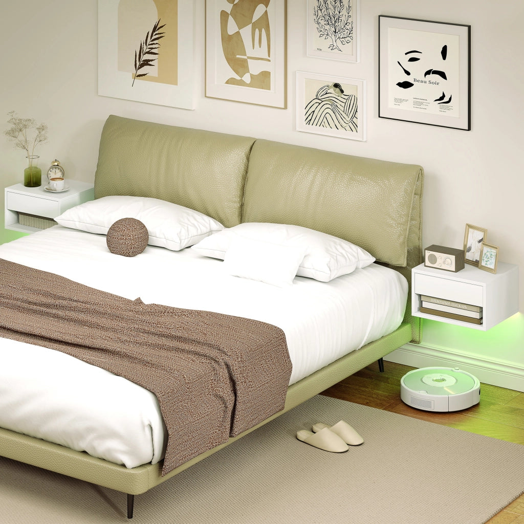Comodino sospeso con luce LED RGB, scaffale, cassetto ¨C Minimal ¨C bianco, 37x32x21cm