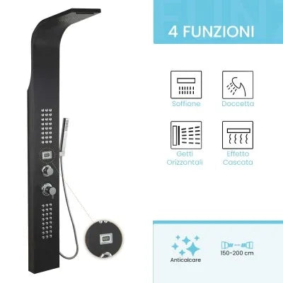 Pannello doccia nero con 4 getti e monitor per la temperatura