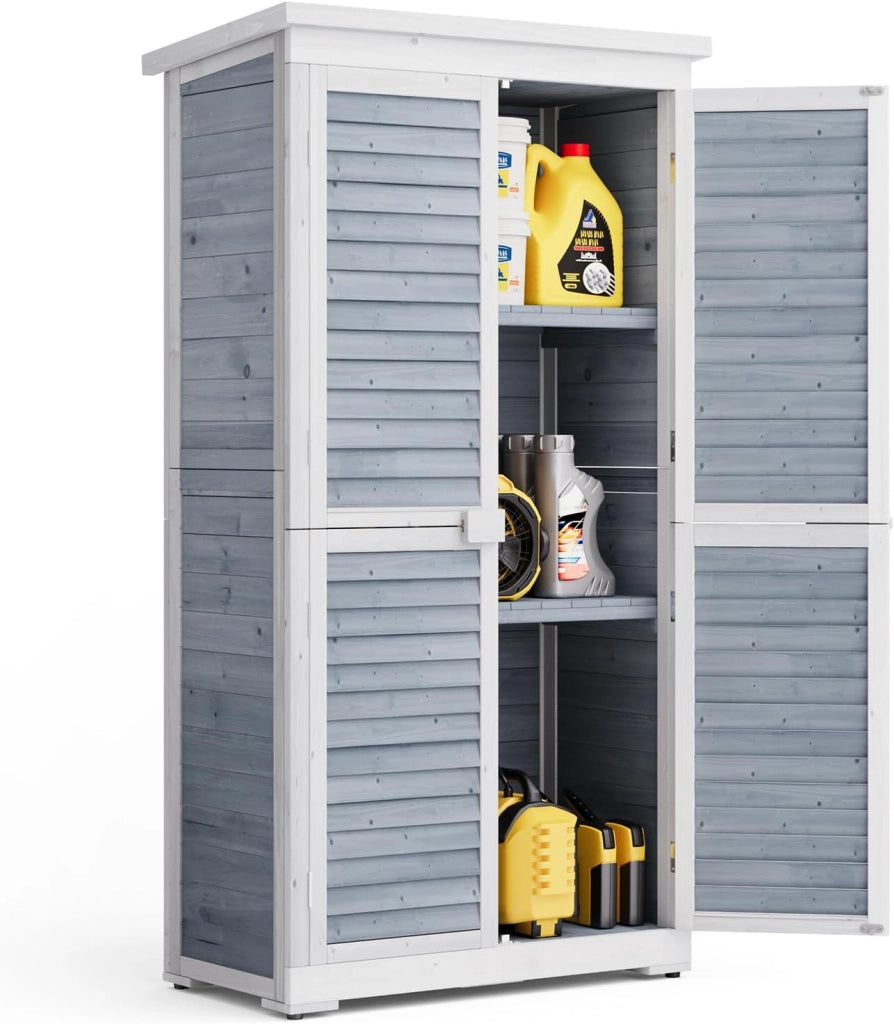 Armadio da Giardino in Legno 160 cm, Resistente agli Agenti Atmosferici con Tetto Inclinato e Dispositivo Bloccabile, Armadio per Attrezzi Esterno 47x87x160 cm Grigio (Grigio)