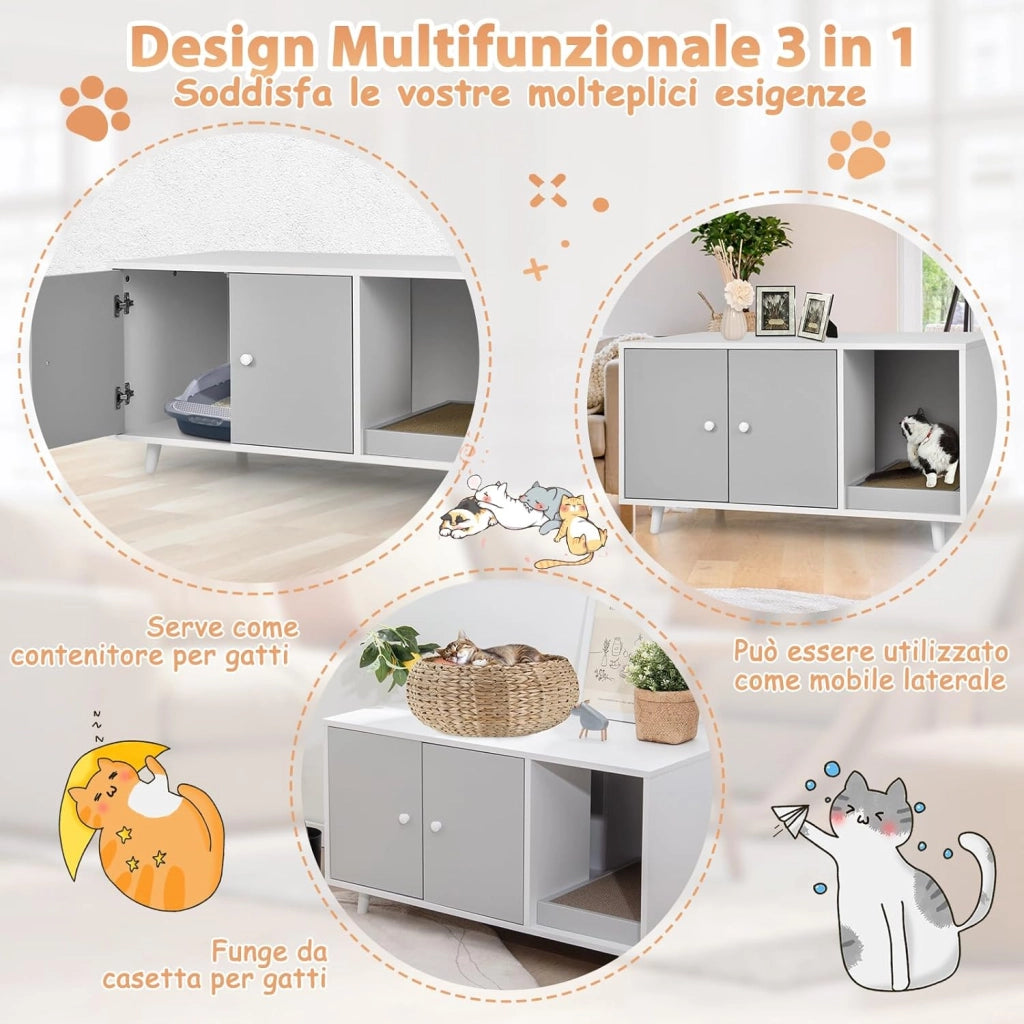 Mobile per Lettiera per Gatti 90 x 50 x 50 cm, Cassetta Igienica per Gatti con Doppia Anta, Divisore, Ingresso Avvolgibile, Tiragraffi e Gambe di Metallo Solido (Grigio)