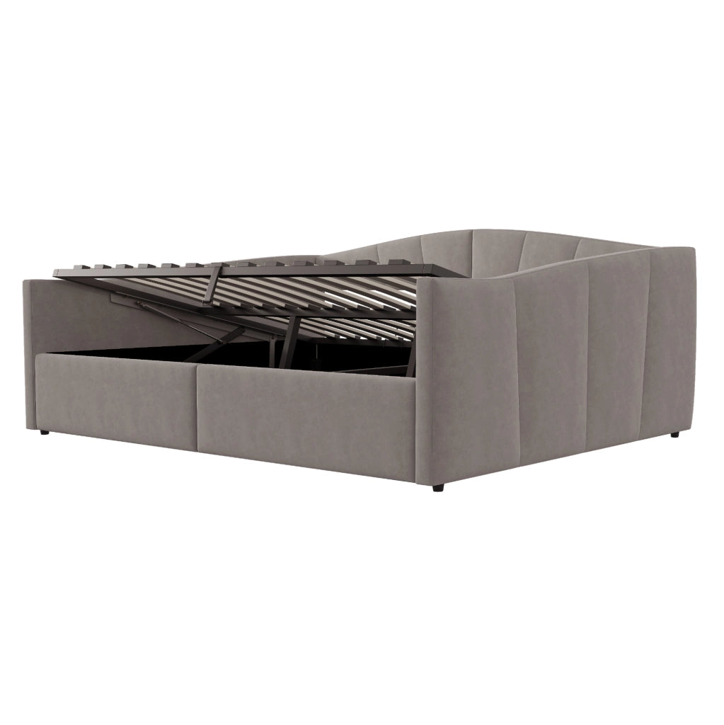 Divano letto 140x200 cm con contenitore; rete a doghe in velluto grigio