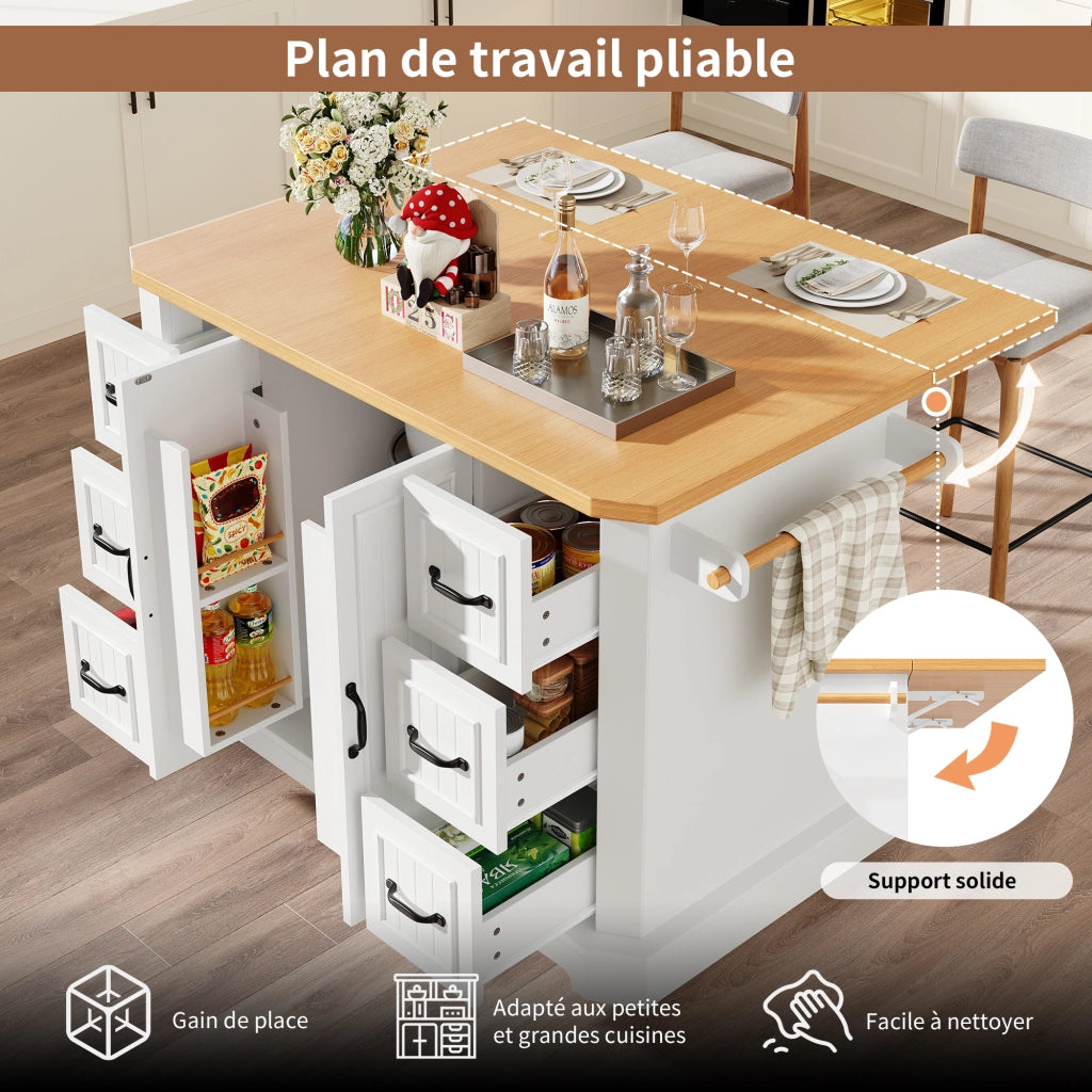 OKWISH Carrello da Cucina con 2 Ante e 6 Cassetti, 5 Ruote con 2 Freni, per Cucina, Bianco, 120×45×91 cm