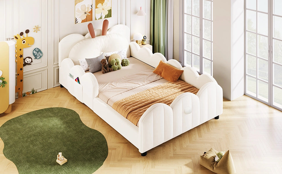 Letto singolo 90x200 a forma di coniglio, letto imbottito beige con sponde