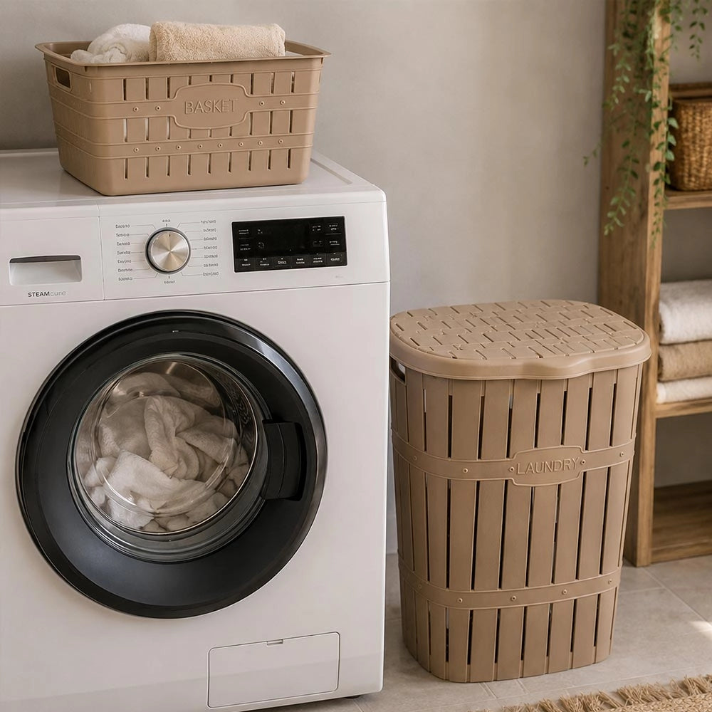 Cestone portabiancheria con coperchio e cesta coordinata effetto legno beige