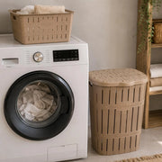 Cestone portabiancheria con coperchio e cesta coordinata effetto legno beige