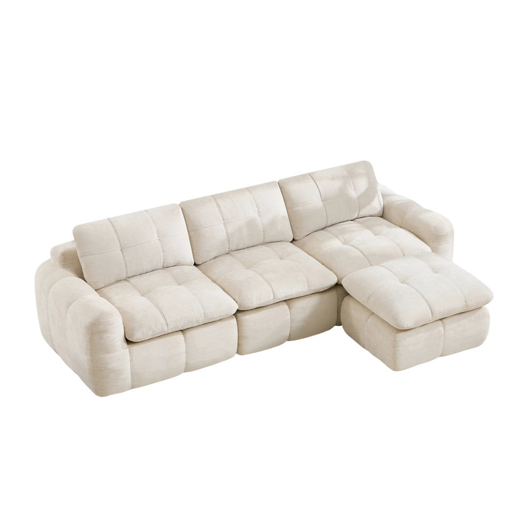 Divano modulare 3 posti - con rivestimento in chenille e pouf - per soggiorno - beige