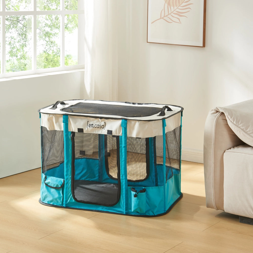 Kennel Pieghevole Mörbylånga Rifugio Portatile per Cani e Gatti 90 x 70 x 60 cm Blu / Beige [en.casa]