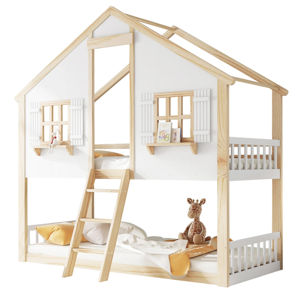 Letto a castello per bambini con tetto e finestre 90x200 cm
