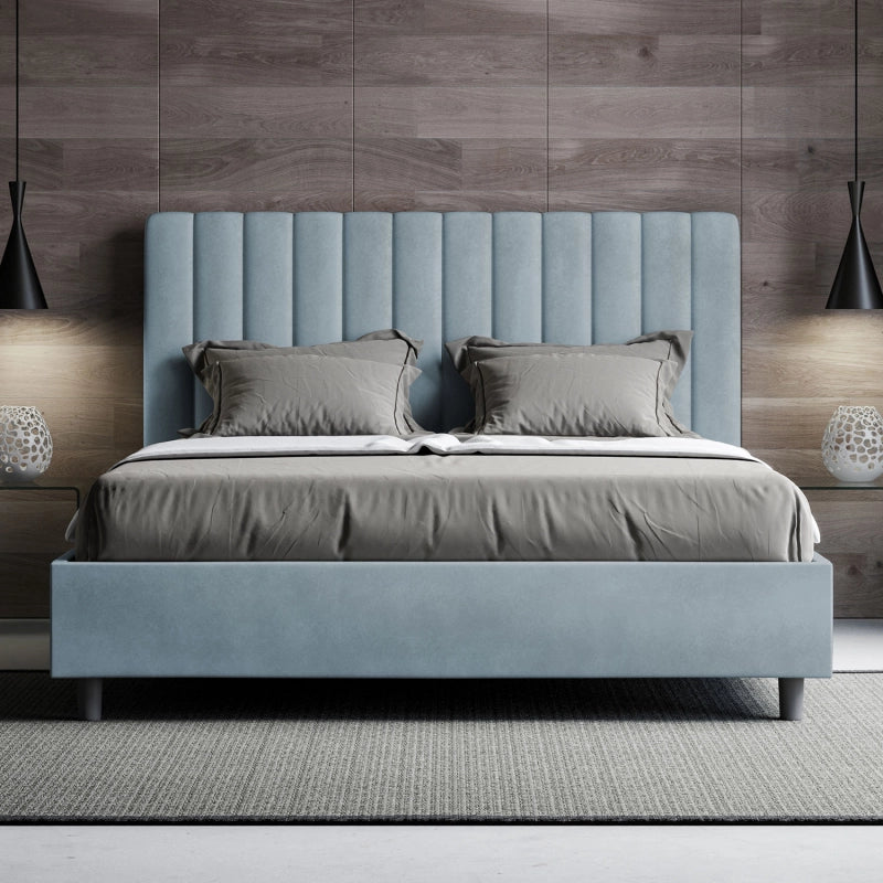 Letto imbottito Matrimoniale francese 140x190 cm Agueda - Con rete,Microfibra,Azzurro