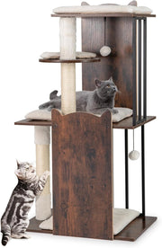 Albero per Gatti Alto 112 cm, Tiragraffi per Gatti in Legno con Posti a Grattare in Sisal, Palline Appese, Cuscini Morbidi Rimovibili e Lavabili, Tiragraffi Gatto per Arrampicata