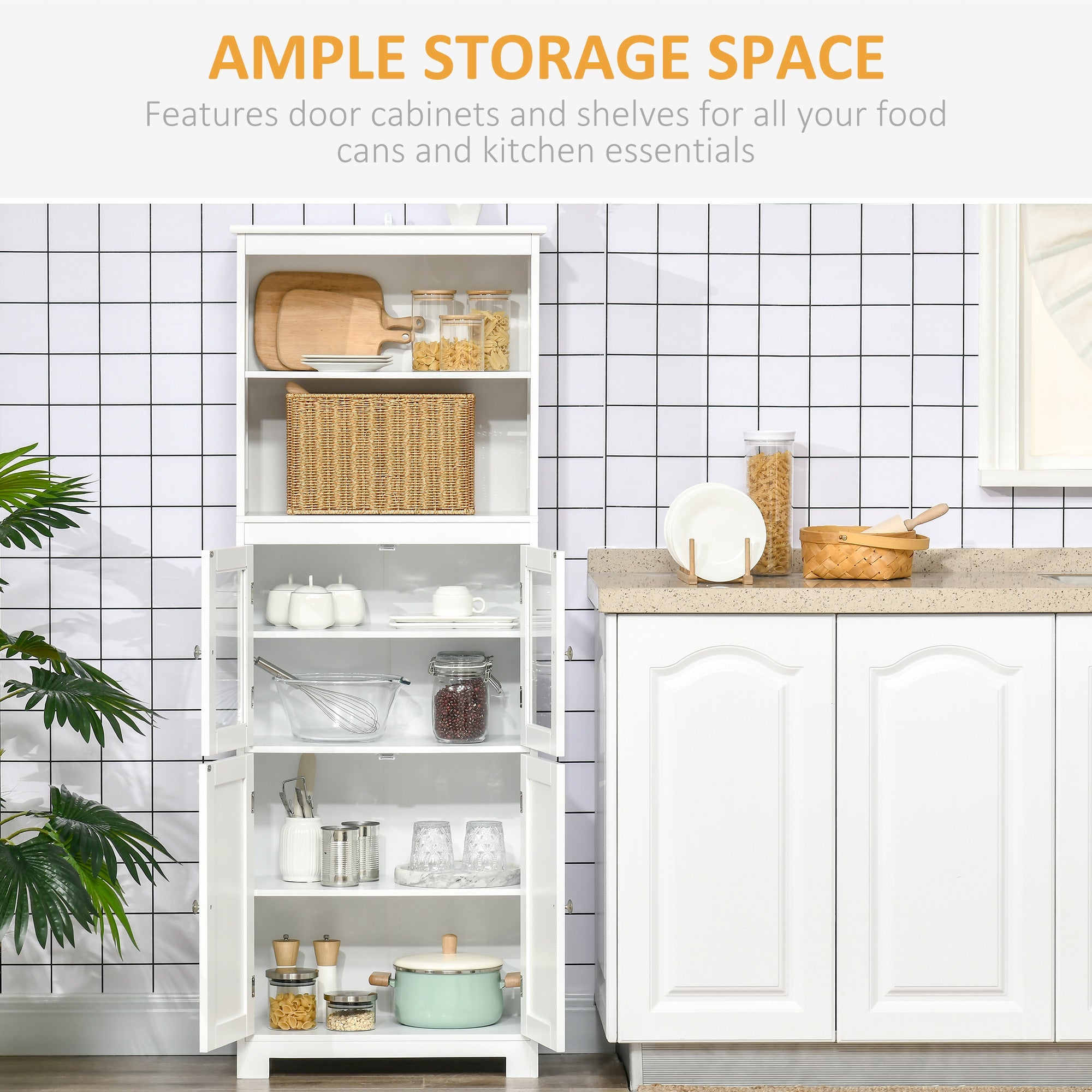 Mobile Dispensa con 2 Ripiani Aperti e 2 Armadietti con Ante 60x30x162 cm in MDF e Vetro Bianco