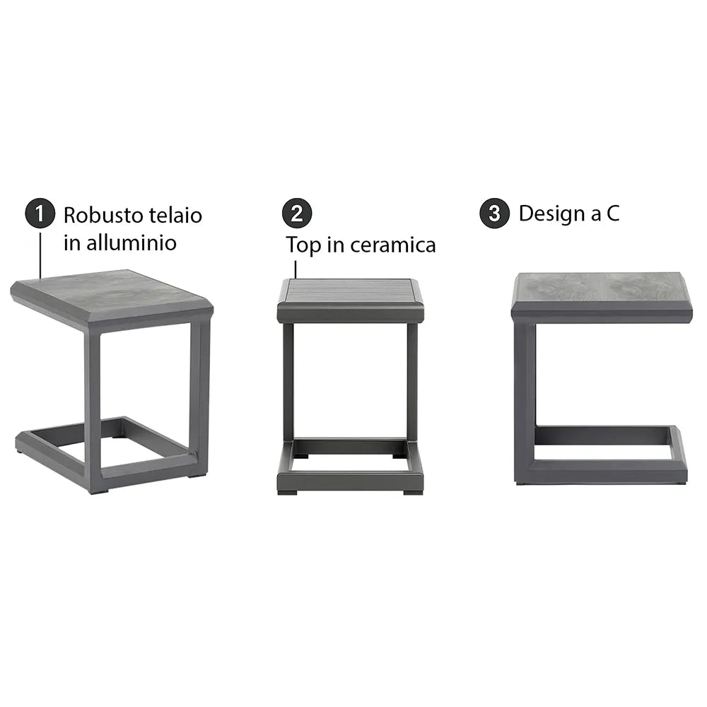 Tempo Style - Tavolino da Resort Nice antracite 43x35 cm | Tavolino Salvaspazio, Elegante e Resistente per Giardino, Terrazza e Balcone | Struttura in alluminio con top ceramica