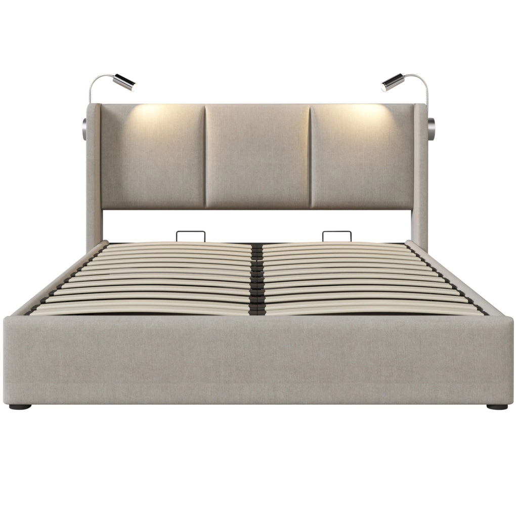 Letto contenitore 140x200 in tessuto beige con luce da lettura USB