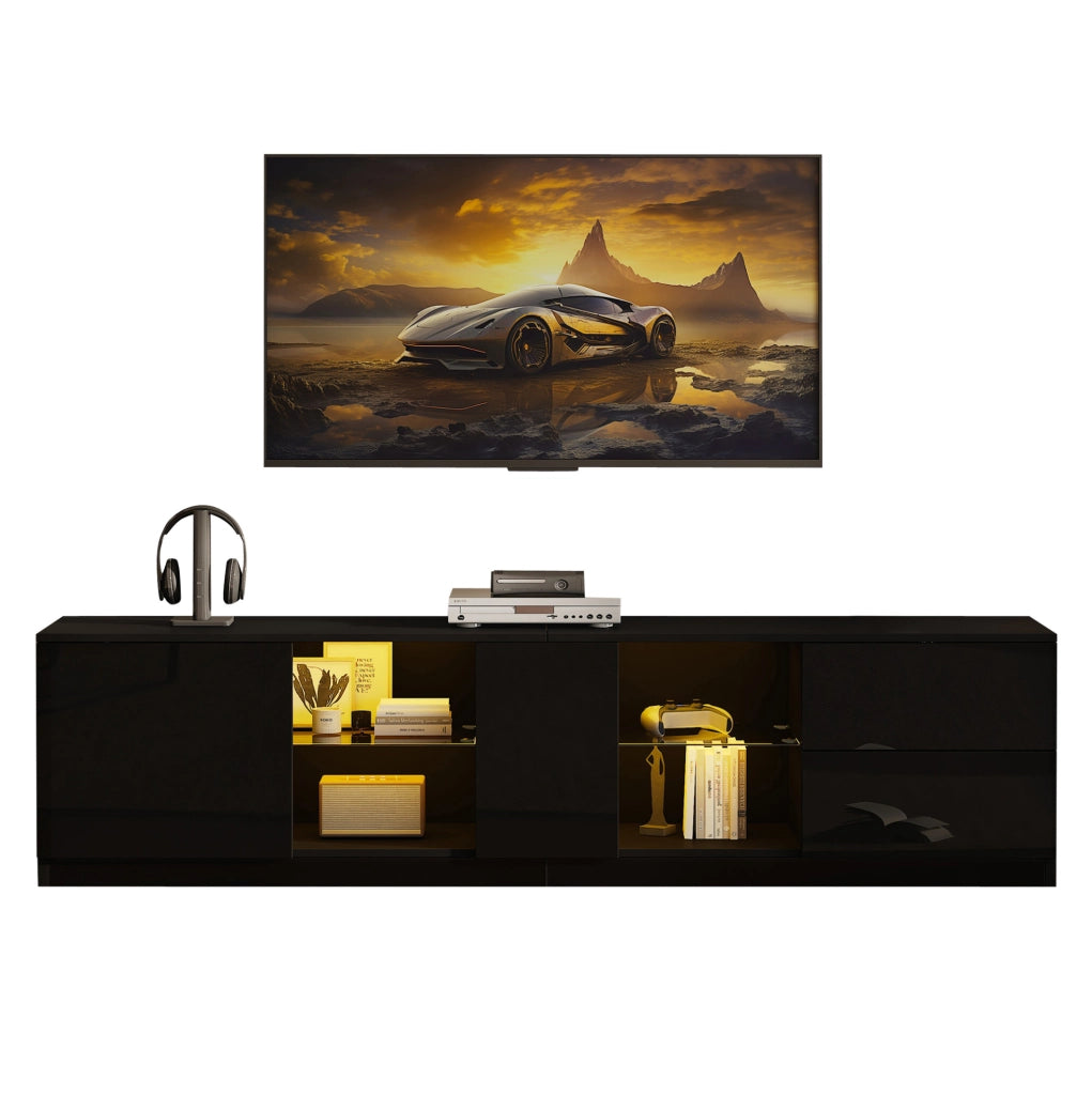 Mobile TV con LED; 2 cassetti e vano chiuso; MDF; vetro temperato; 160 x 40 x 52 cm; nero