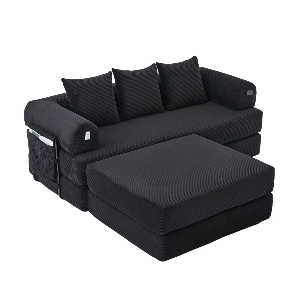 Divano modulare in velluto a coste con pouf nero