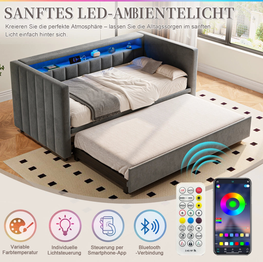 Divano letto estraibile 90x190 cm in velluto grigio scuro con LED; USB Type-C e contenitore
