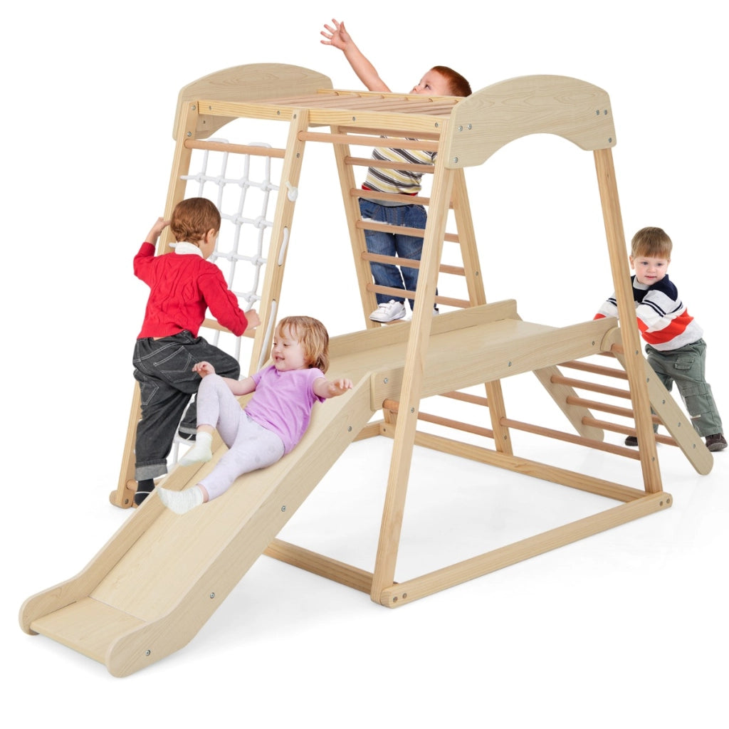 Parco giochi 6-in-1 per bambini 1+ anni con barre di scimmia scivolo corda e scale in legno, Palestra in legno Naturale-Arrampicate e scivoli