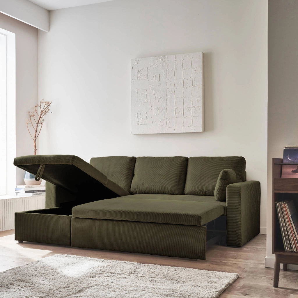 Divano letto angolare reversibile in velluto a coste, 3 posti, kaki