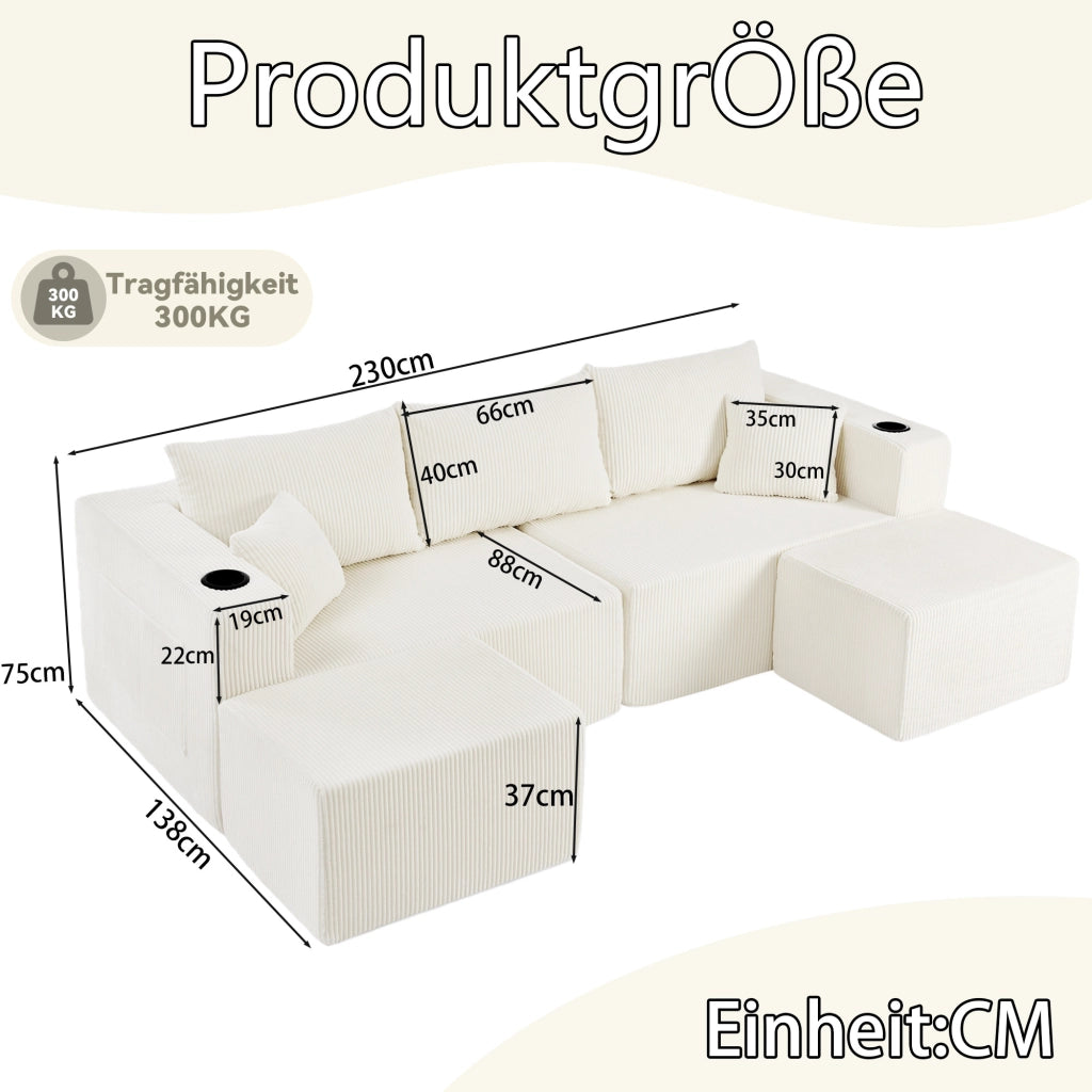 Divano angolare modulare 3 posti con pouf mobili, portabicchieri e tasche laterali, in tessuto a coste beige