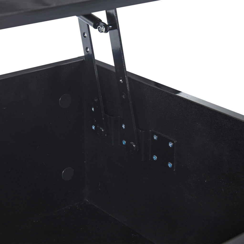 Tavolino da caffè LED nero con piano sollevabile, contenitore e 2 cassetti