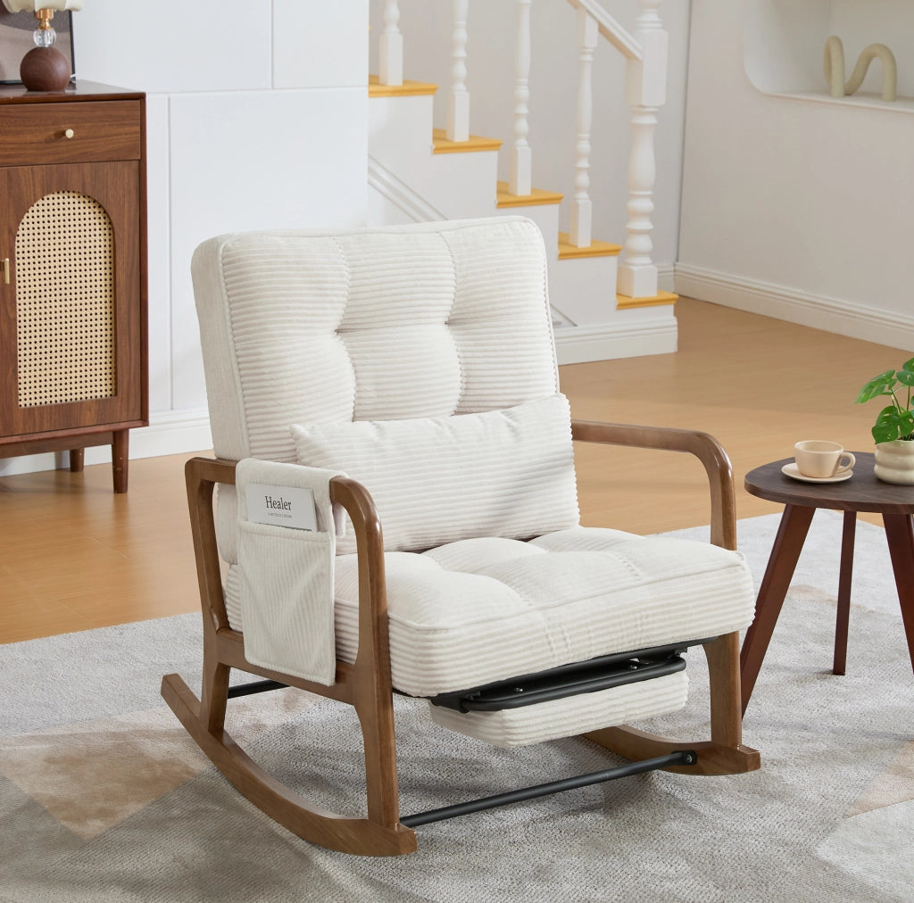 Sedia a dondolo con poggiapiedi in corduroy beige; schienale reclinabile a 3 posizioni; 70x80x92 cm