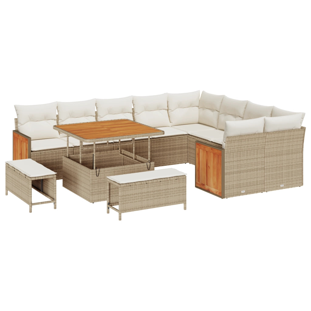 Set di Divano da Giardino  12 Pezzi con Cuscini Beige Polyrattan Acacia