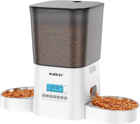 Automatizzatore di cibo per gatti e cani con doppio contenitore, 6 pasti con controllo di porzione, alimentatore automatico con asciugante per gatti e cani.