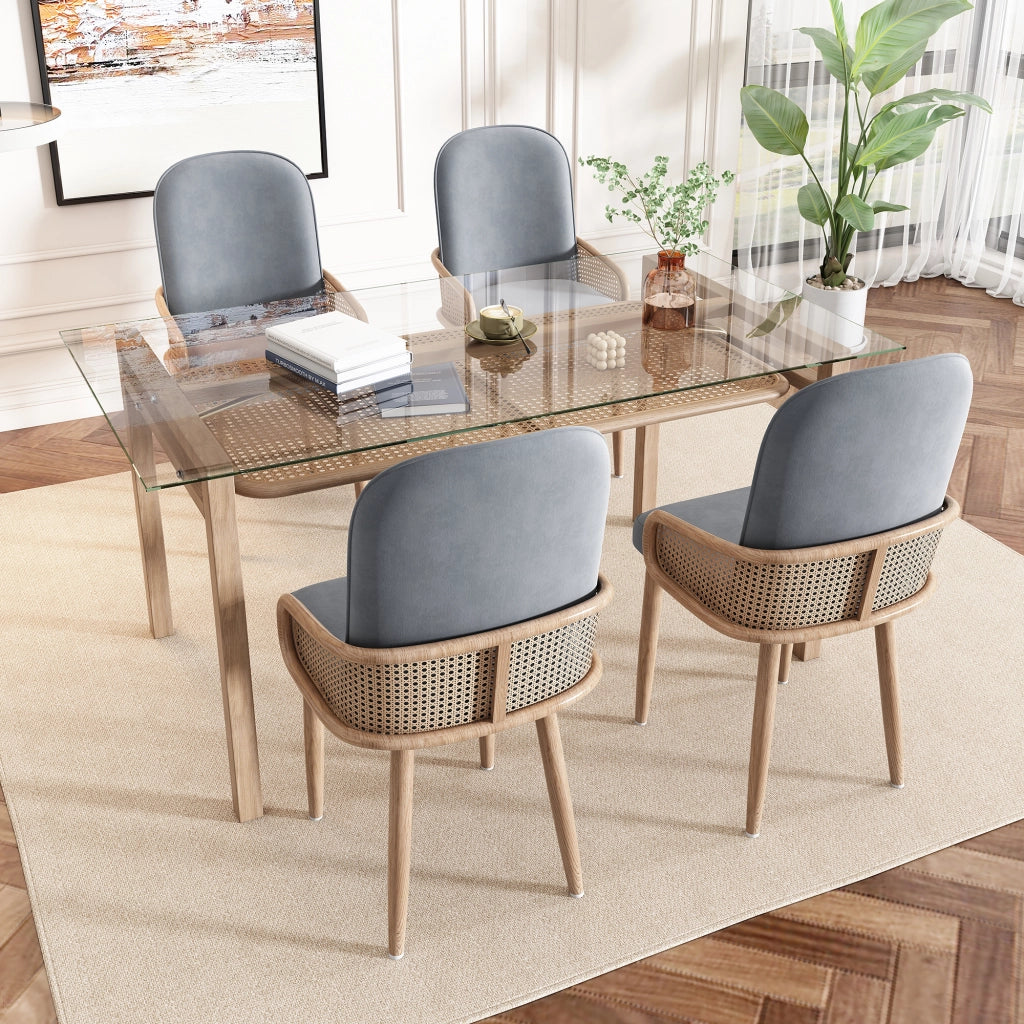 SEDIA da pranzo in velluto e rattan, set da 6 pezzi, grigio