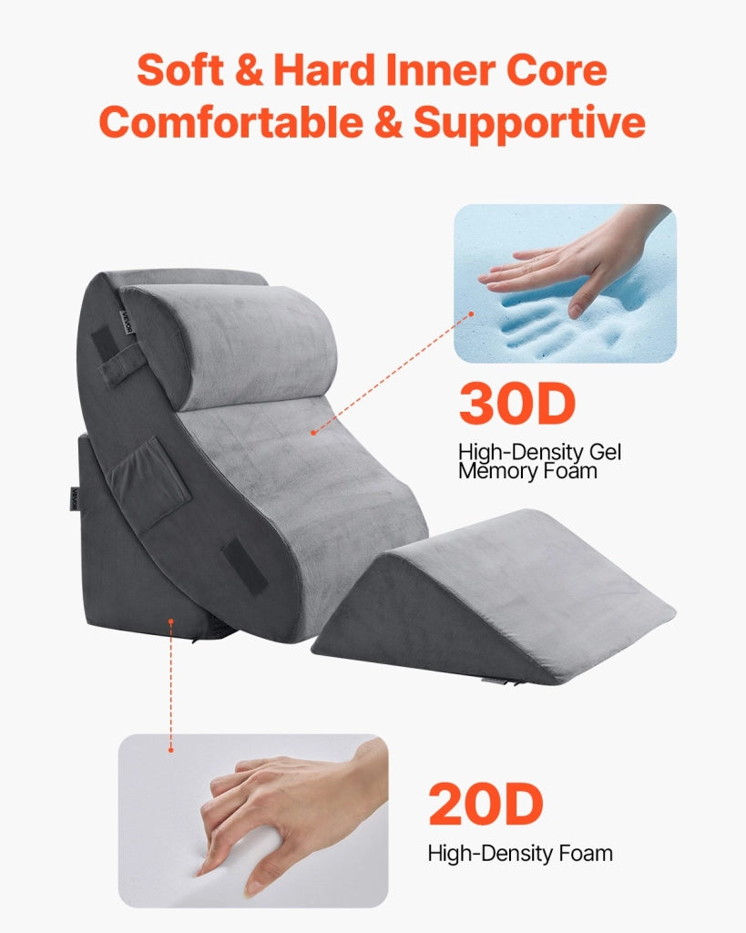 KD016 Set 4 Cuscini a Cuneo Regolabili in Memory Foam e Velluto Grigio Scuro per Letto Supporto Ergonomico